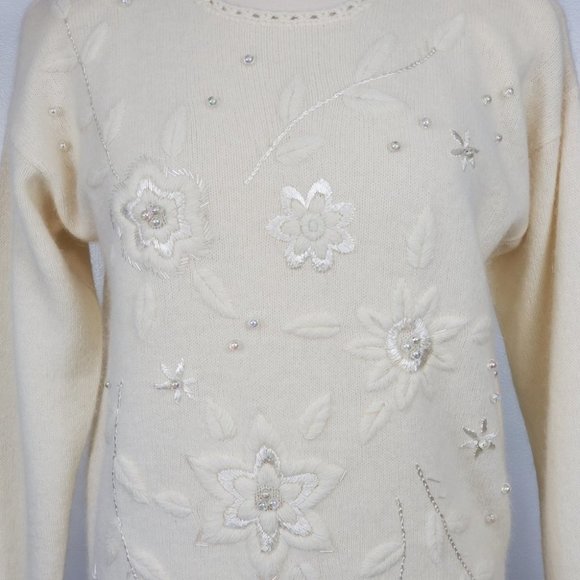 Vintage Spice of Life Cream Beaded Embroidered Lambs Wool Angora Sweater M - Picture 7 of 15